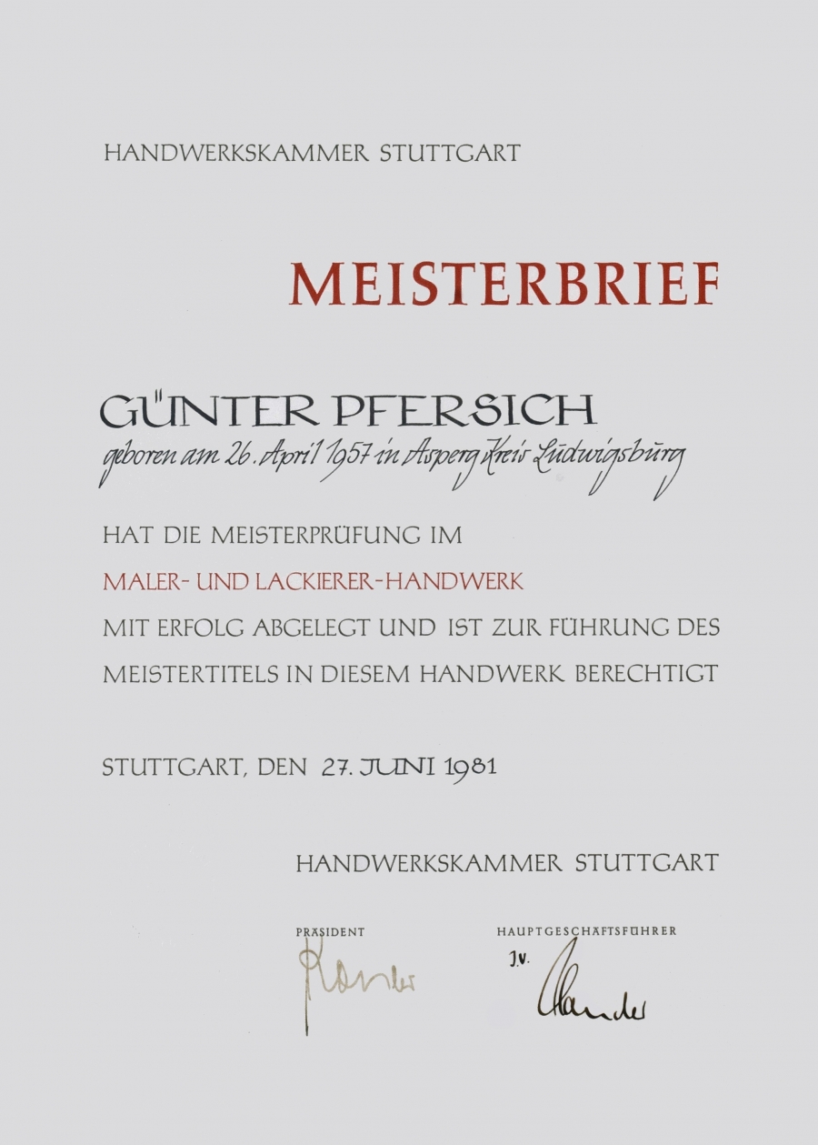 Meisterbrief von Günter Pfersich