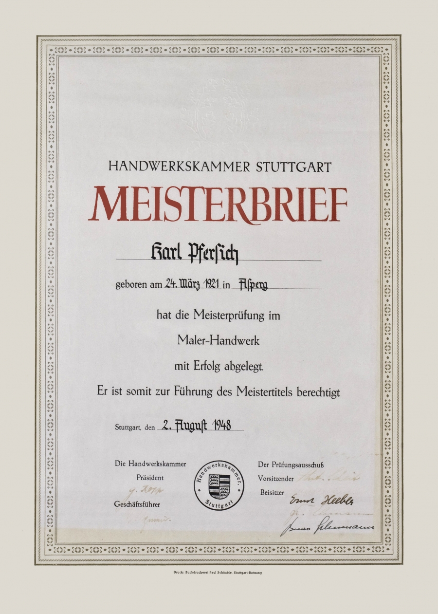Meisterbrief von Karl Pfersich